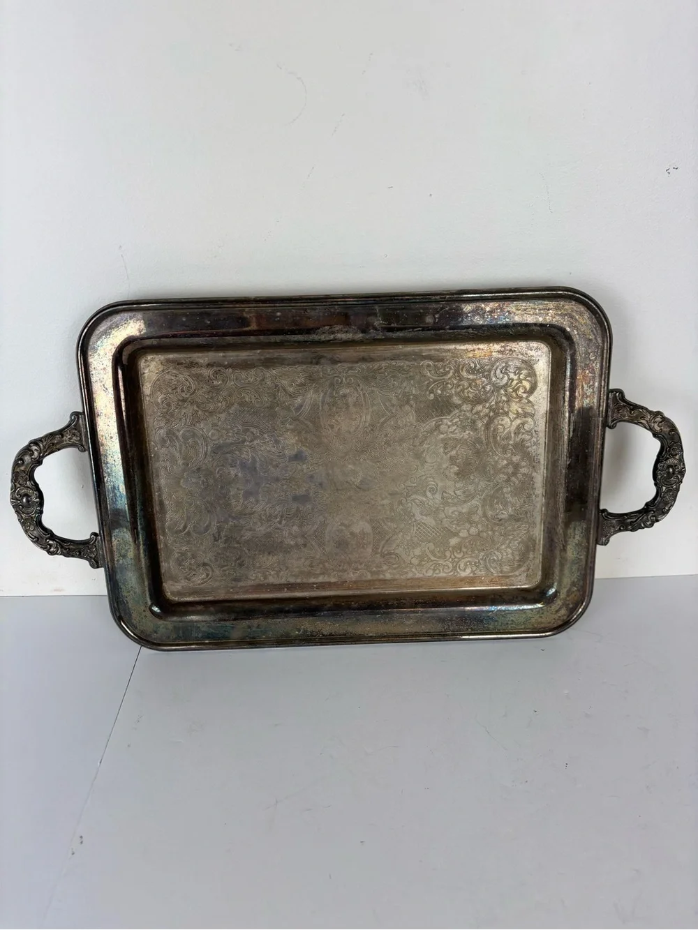 Vintage Ornate Decorative Serving Tray in Distressed Silver Tone